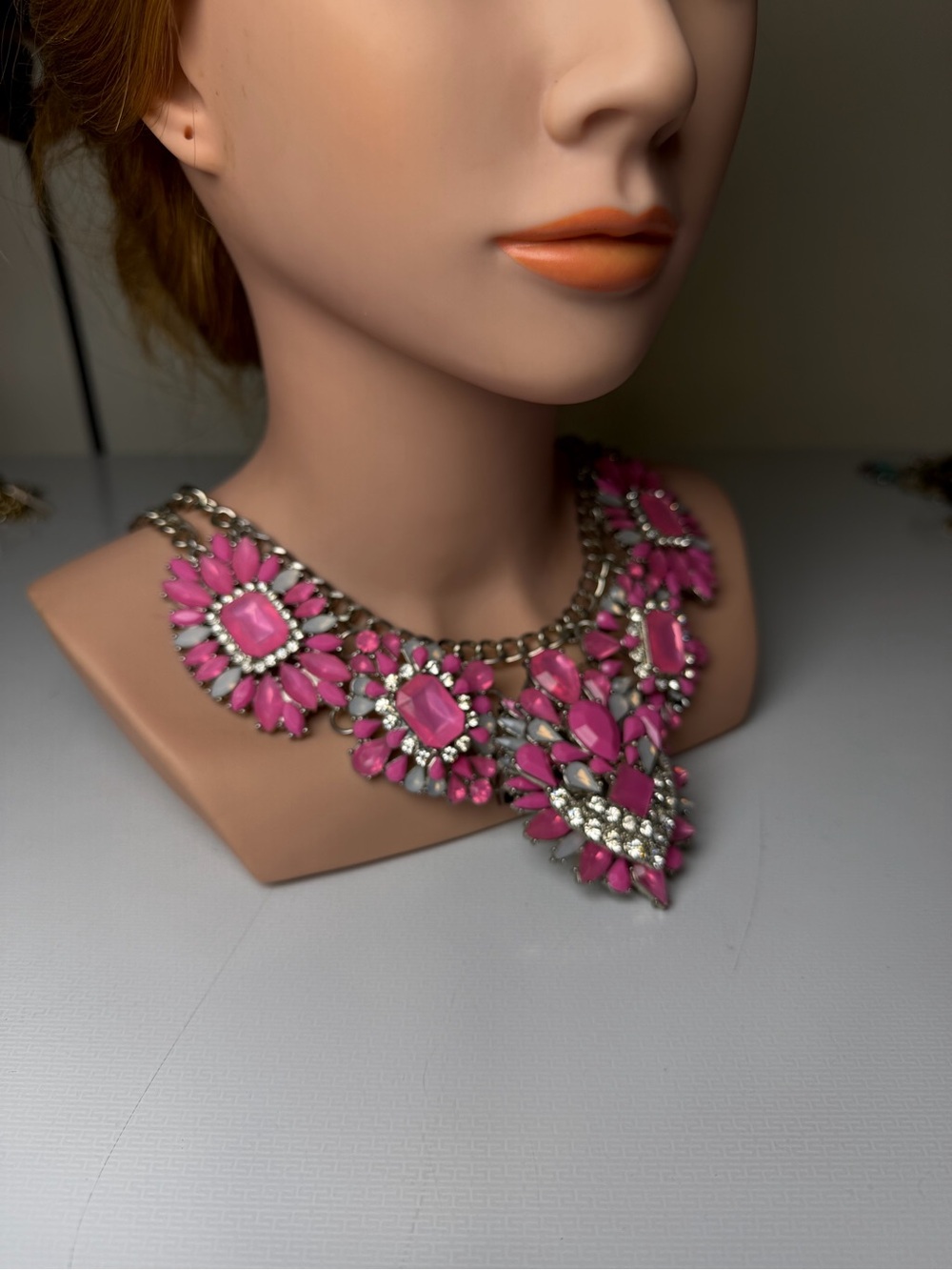 Bold Pink Crystal Statement Necklace with Floral Motifs
